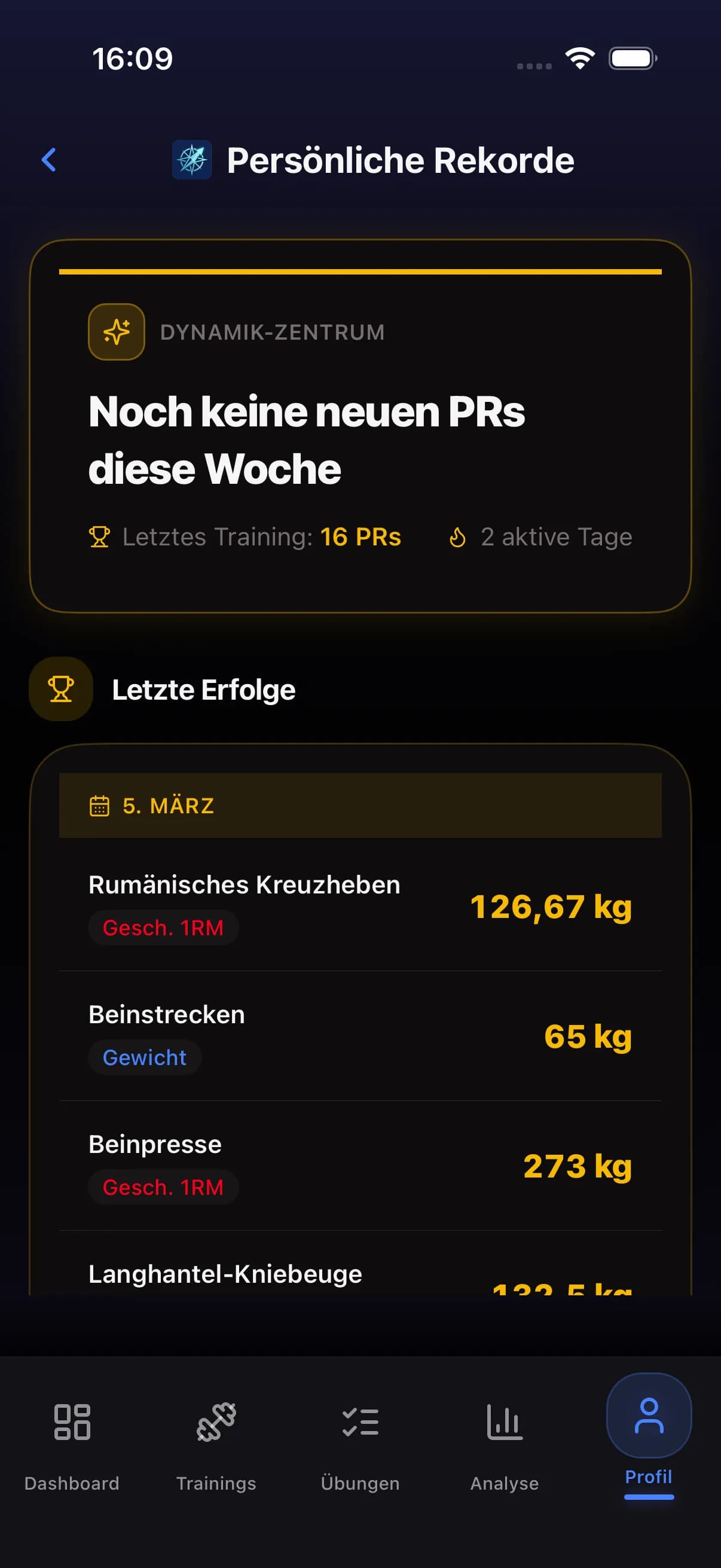 Personal records screen showing recent PRs