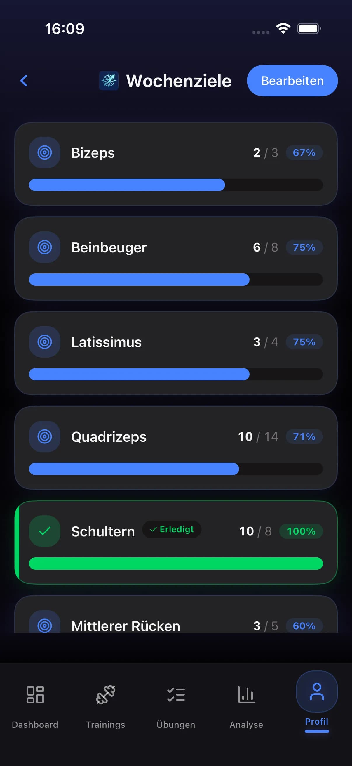 Weekly goals screen with muscle group targets