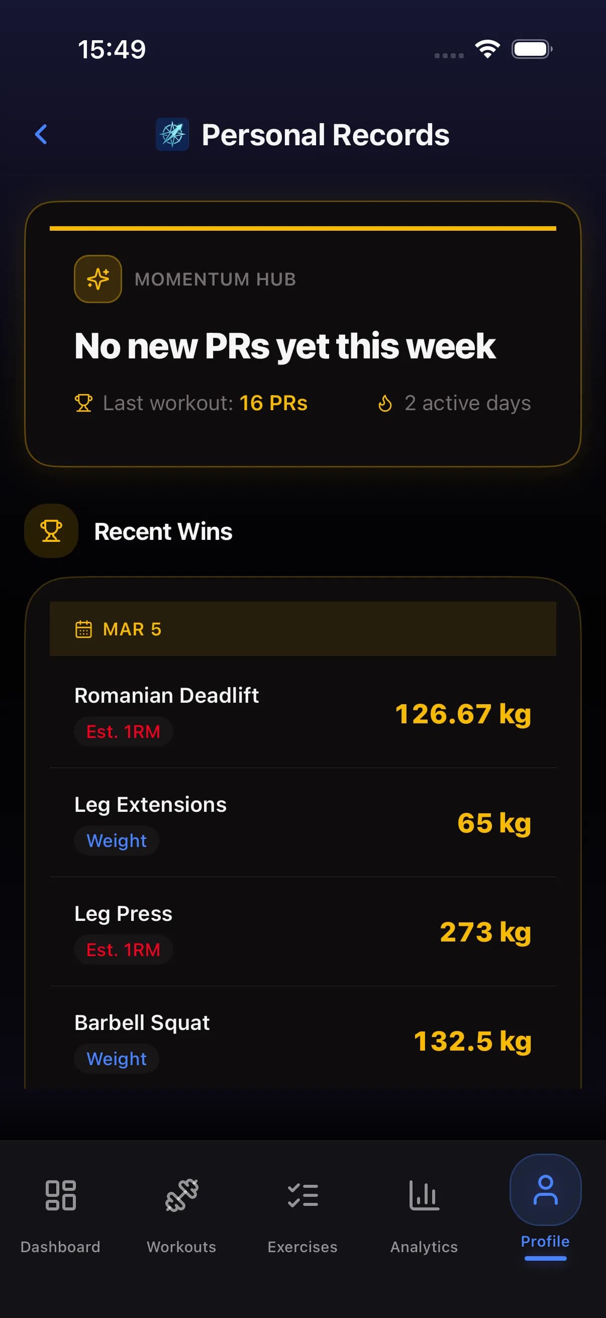 Personal records screen showing recent PRs