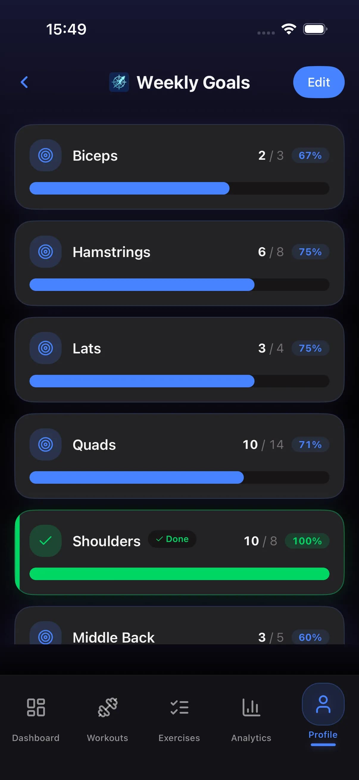 Weekly goals screen with muscle group targets