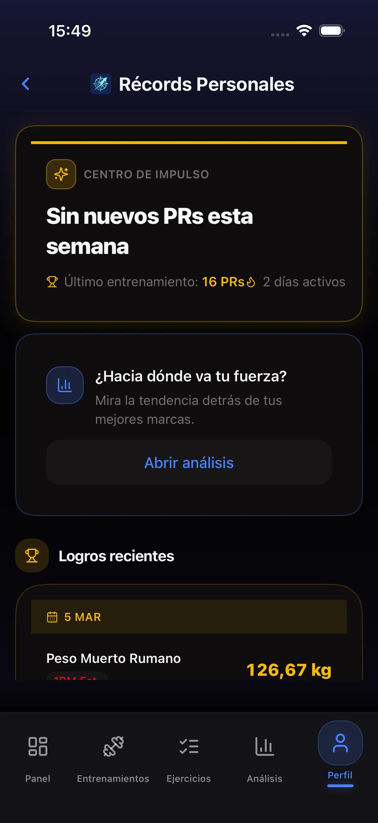 Personal records screen showing recent PRs