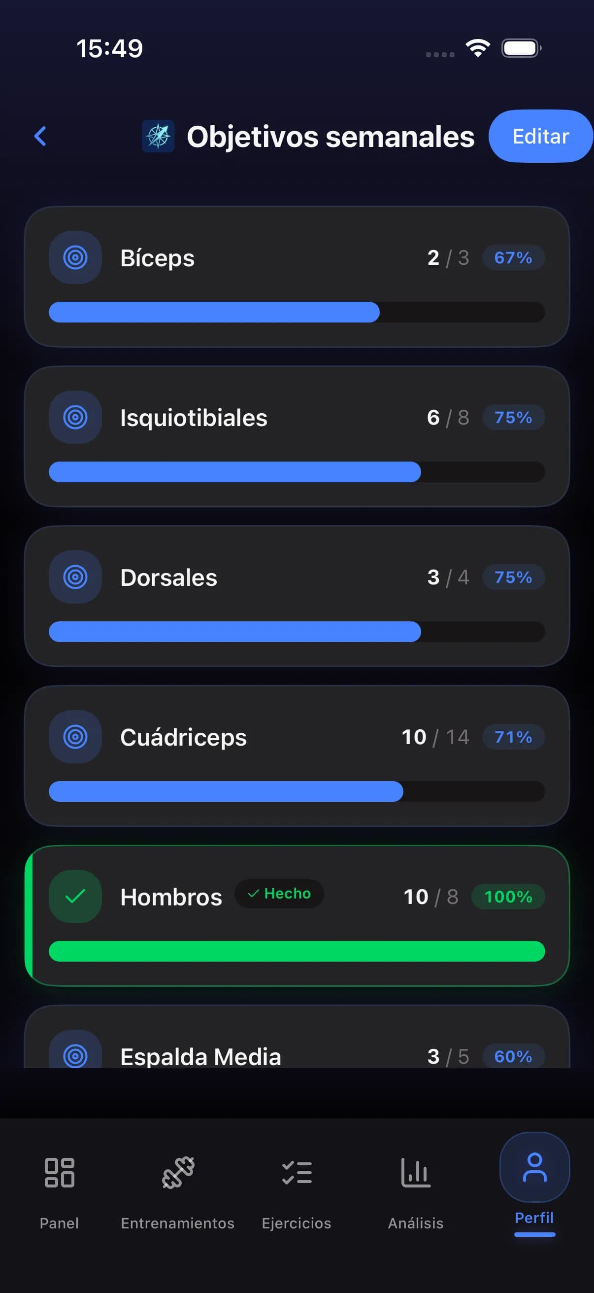 Weekly goals screen with muscle group targets