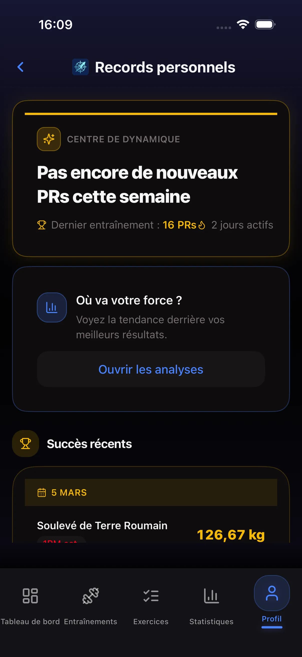 Personal records screen showing recent PRs