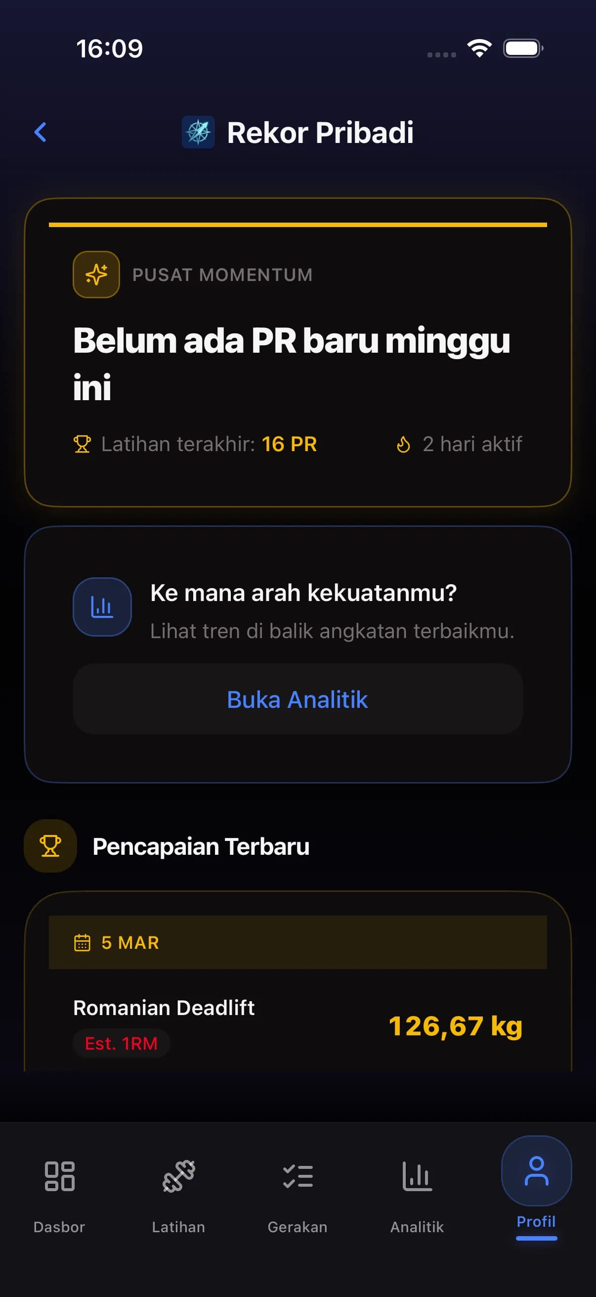 Personal records screen showing recent PRs