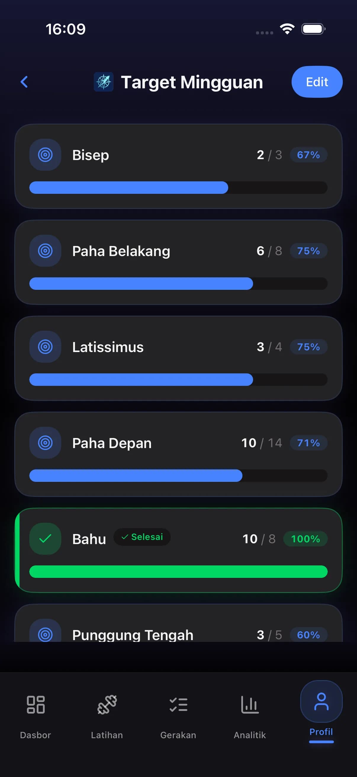 Weekly goals screen with muscle group targets