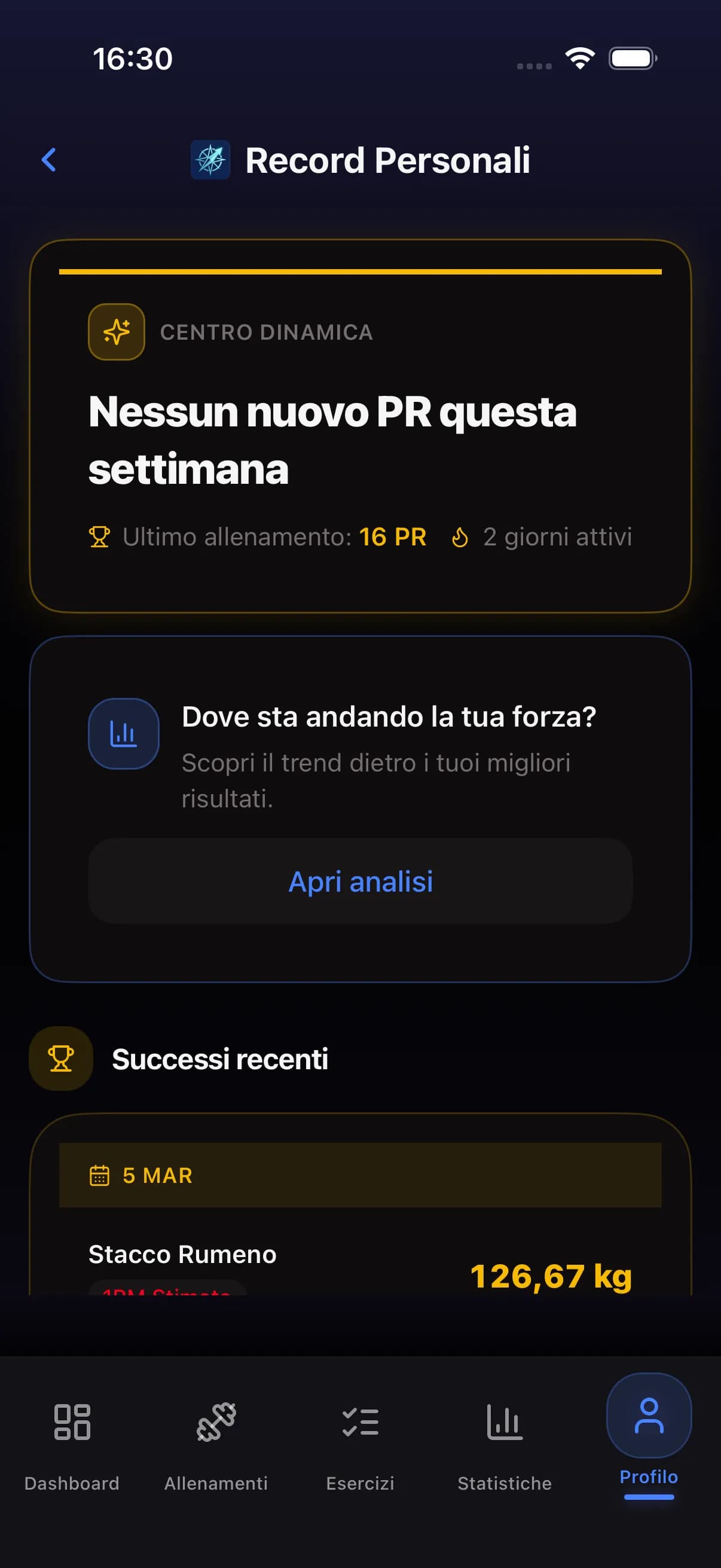 Personal records screen showing recent PRs