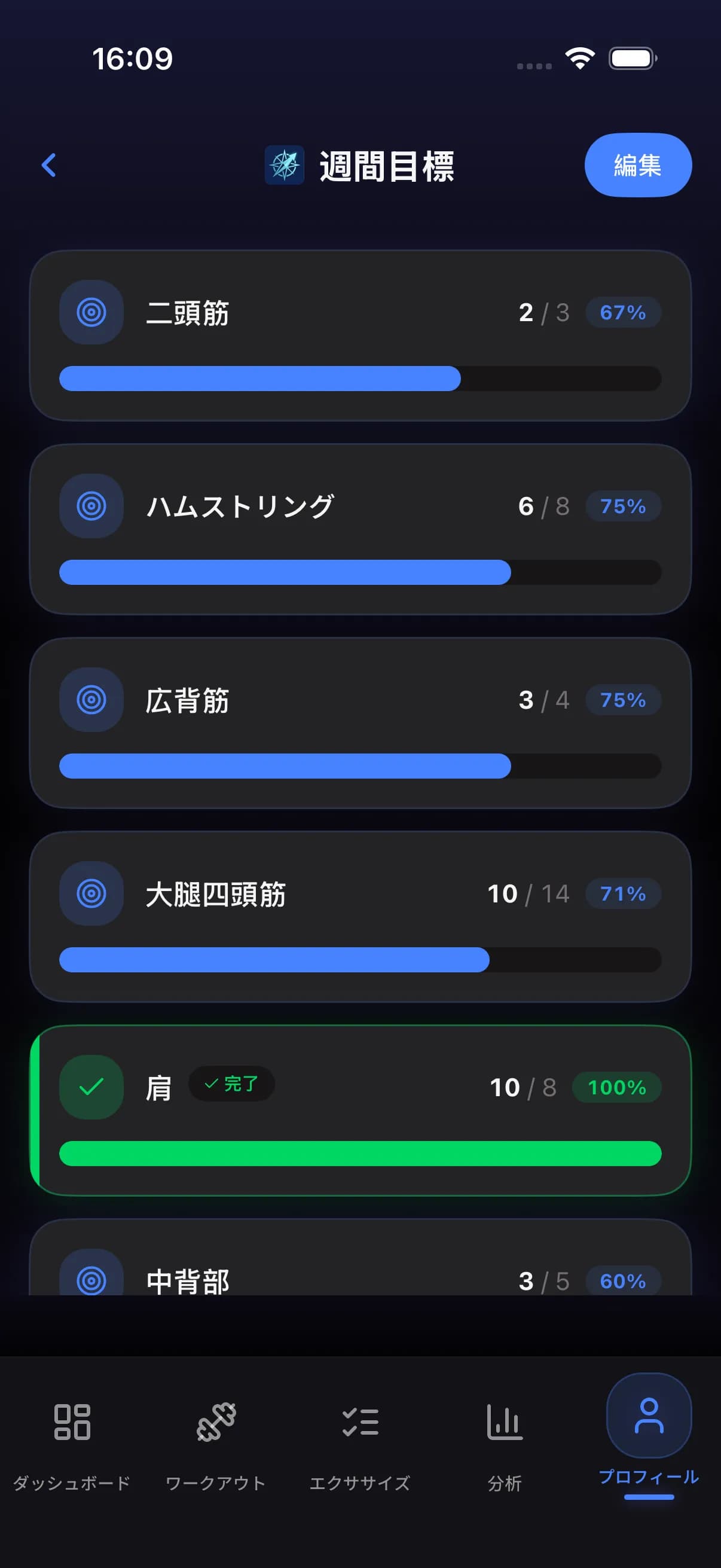 Weekly goals screen with muscle group targets