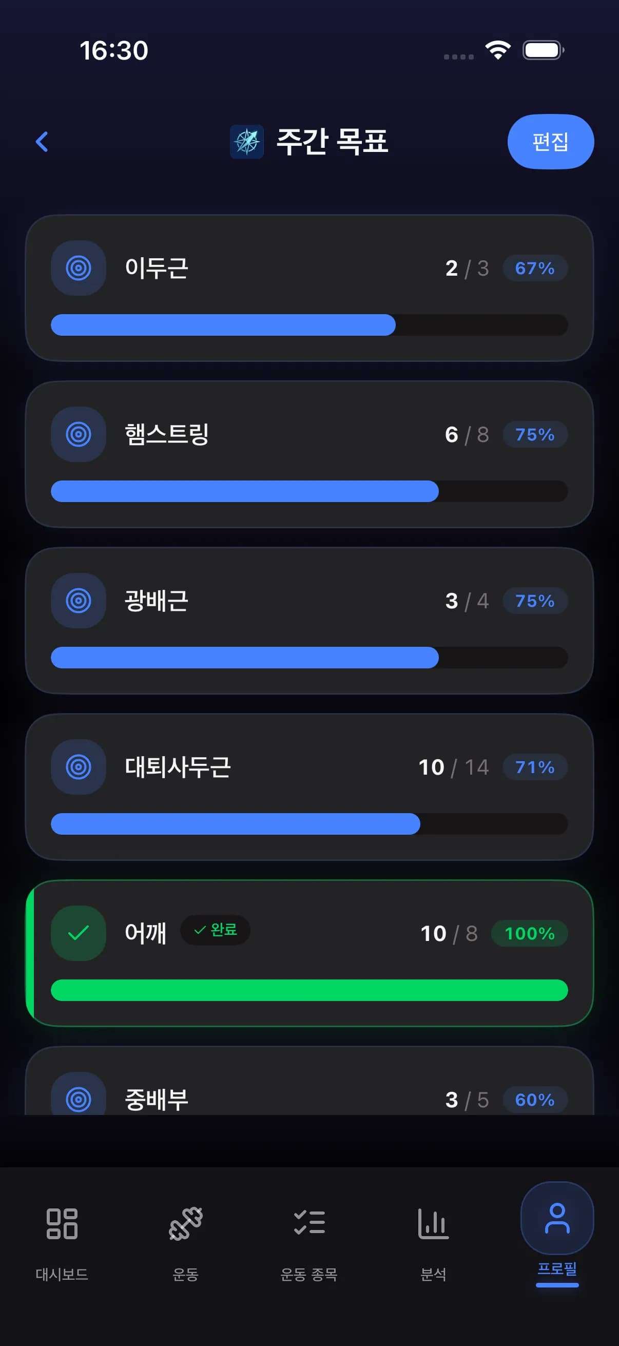 Weekly goals screen with muscle group targets