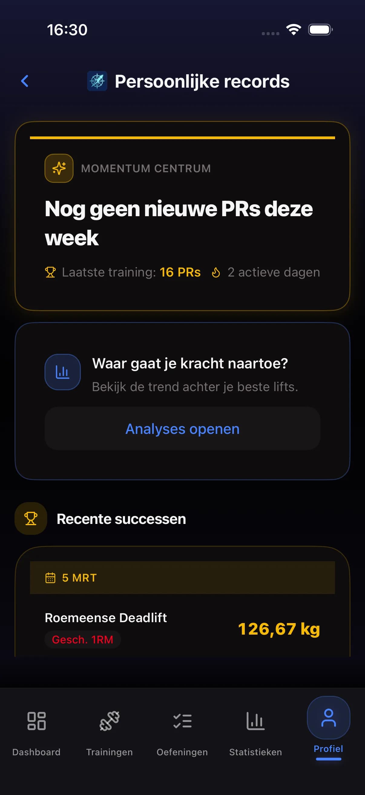 Personal records screen showing recent PRs