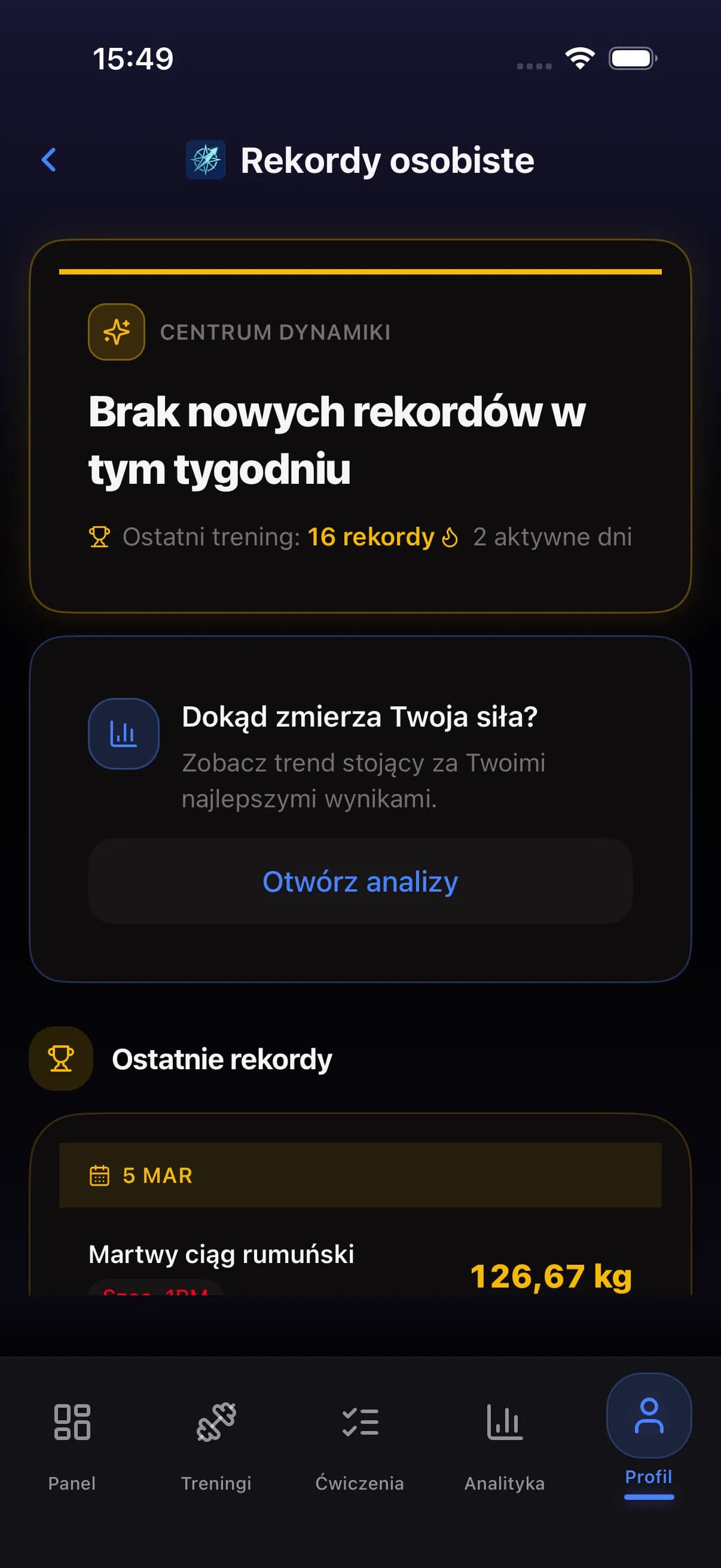 Personal records screen showing recent PRs