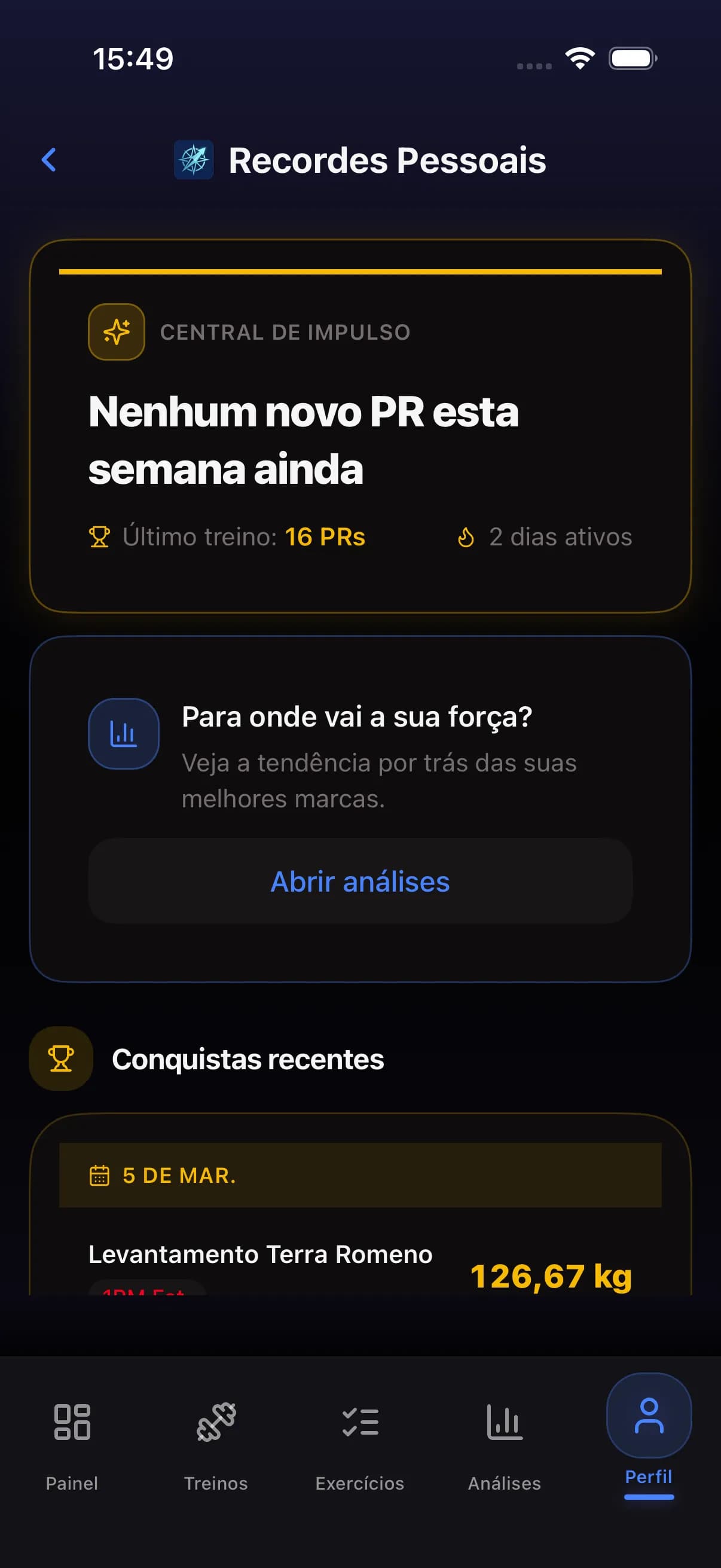 Personal records screen showing recent PRs