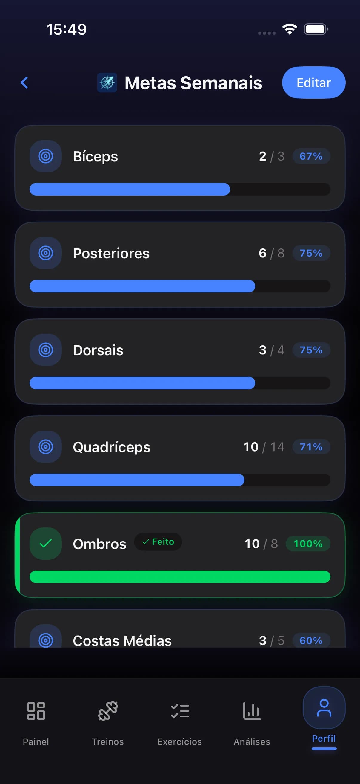 Weekly goals screen with muscle group targets