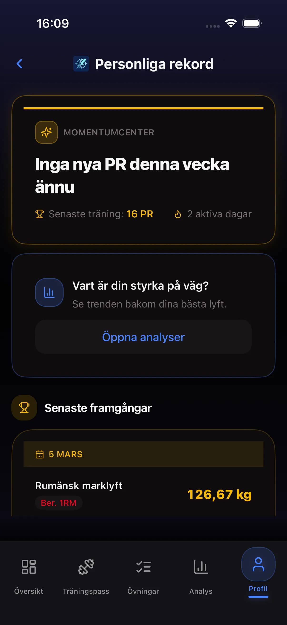 Personal records screen showing recent PRs