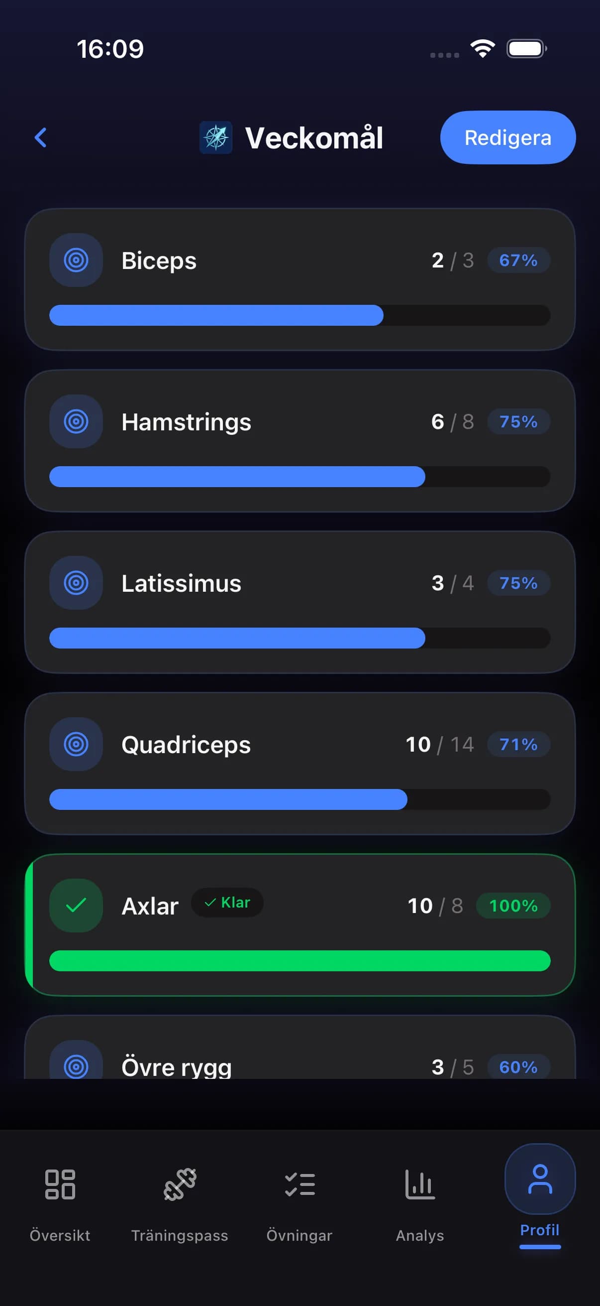Weekly goals screen with muscle group targets