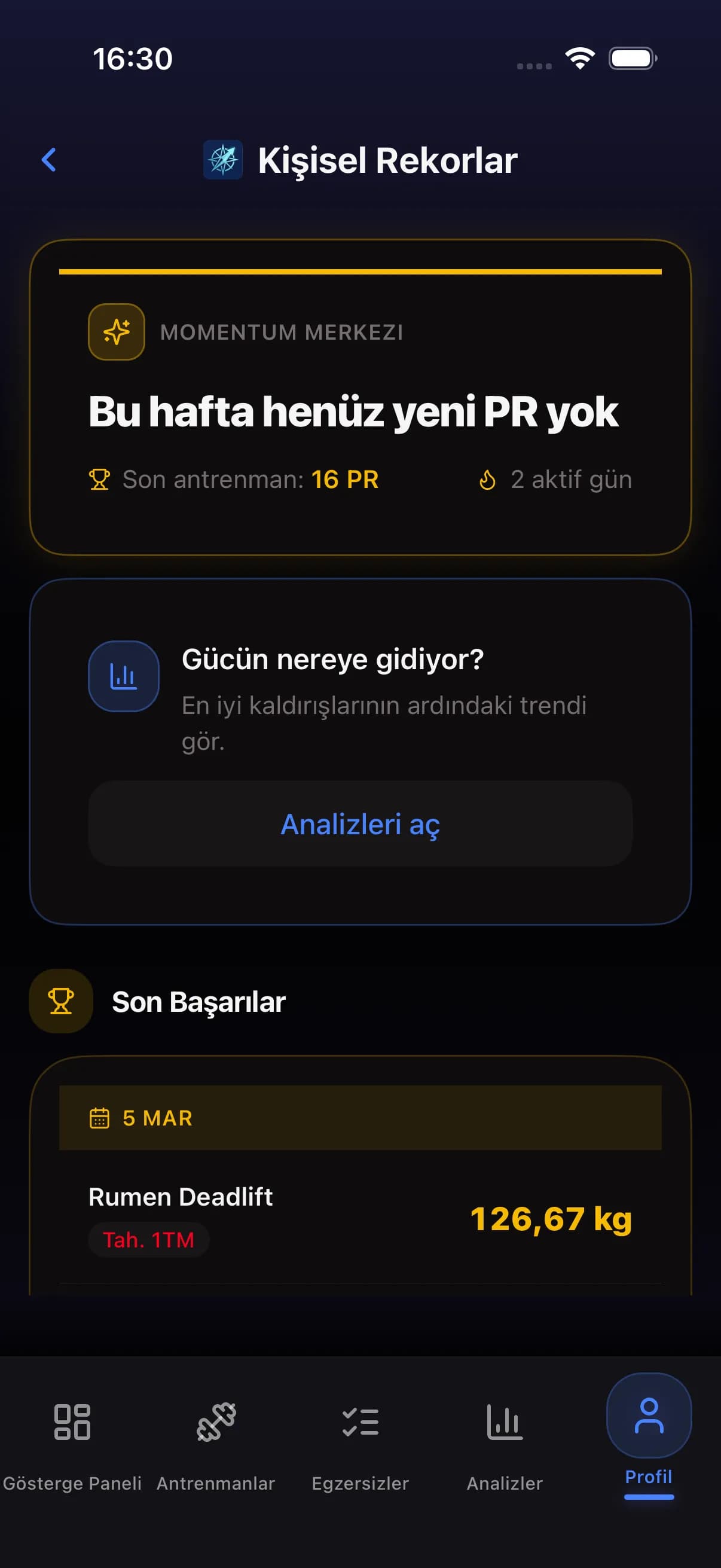 Personal records screen showing recent PRs