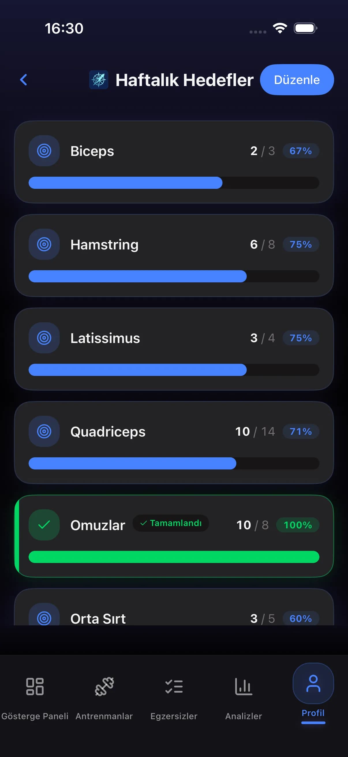 Weekly goals screen with muscle group targets