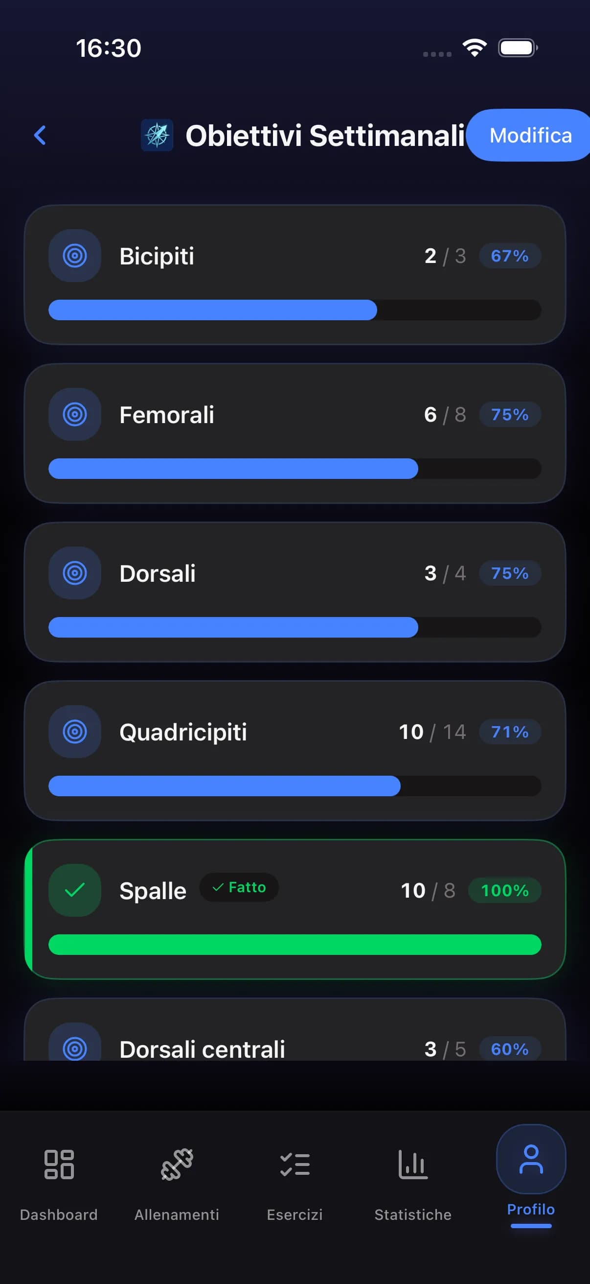 Weekly goals screen with muscle group targets