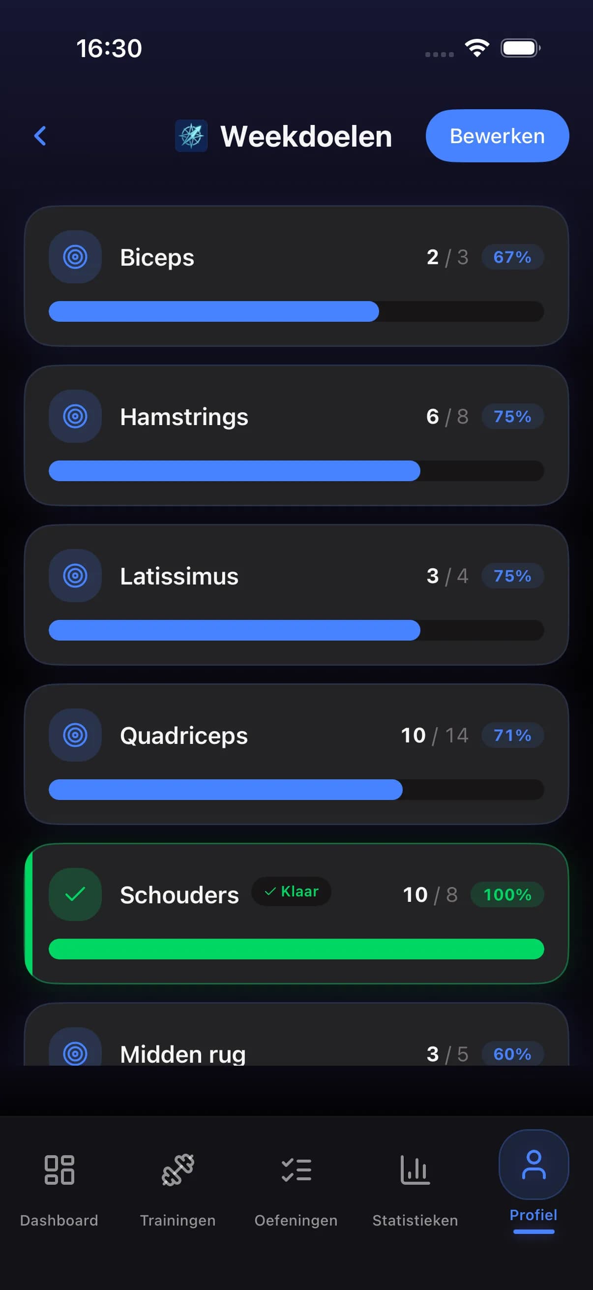Weekly goals screen with muscle group targets