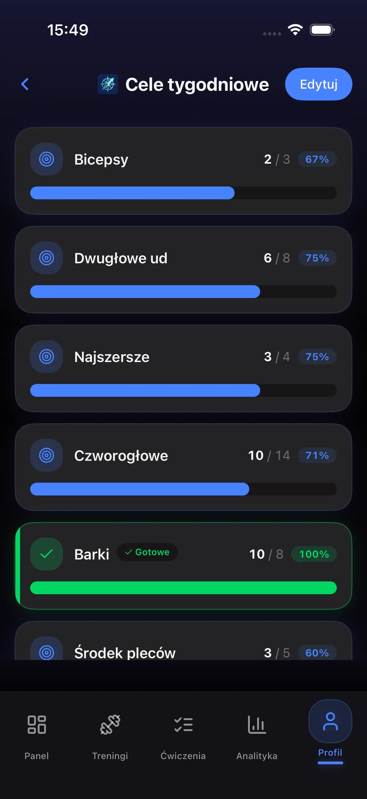 Weekly goals screen with muscle group targets